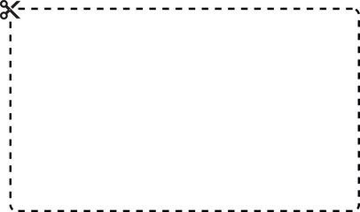 Coupon rectangle vector template. Dashed line with black scissors on white background.