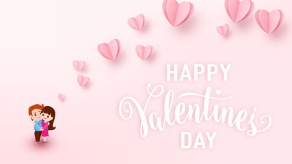 Valentines day background with light pink paper hearts, white text sign and couple boy and girl hugs each other. Love heart graphic design for greeting cards, banner, flyer. Vector illustration
