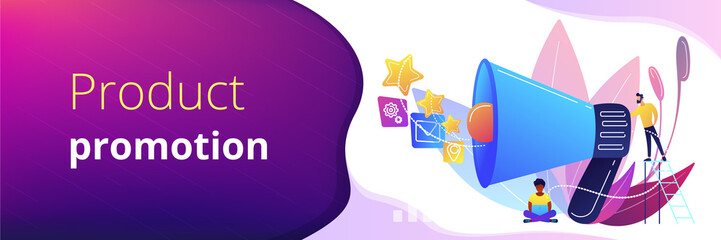 Businessman with megaphone promote media icons. Sales promotion and marketing, pomotion strategy, promotional products concept on white background. Header or footer banner template with copy space.