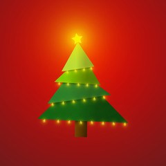 Vector : Christmas tree with lightbulb on red background