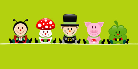 Ladybeetle, Fly Agaric, Chimney Sweeper, Pig & Cloverleaf