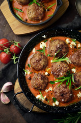 Fototapeta premium Meatballs with sauce on skillet