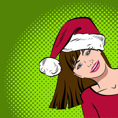 Beautiful woman in Santa Claus hat in the pop art comics style.