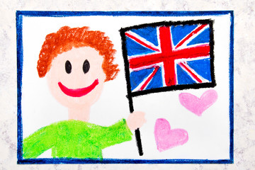 Colorful drawing: Happy man holding British flag.  Flag of the United Kingdom and smiling Boy.