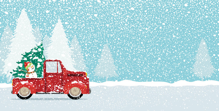 Christmas card design of xmas tree and cute snowman on vintage car truck with copy space vector illustration