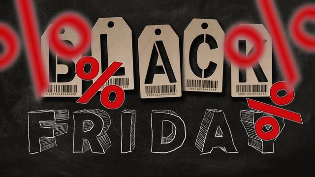 Percent sign falling down on backgrpund of "BLACK FRIDAY" text.  Discount and sale concept.