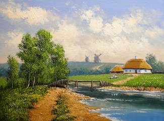 Oil paintings rural landscape. Old village. Fine art.