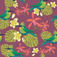 Beautiful seamless vector floral summer pattern background with tropical palm leaves, flowers and birds for wallpapers, web page backgrounds, surface textures, textile