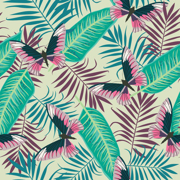 Beautiful seamless vector floral summer pattern background with tropical palm leaves, flowers and butterfly for wallpapers, web page backgrounds, surface textures, textile
