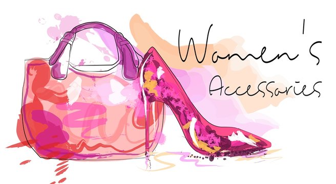 Women's day card. Women's bag and high heeled ladies shoe.