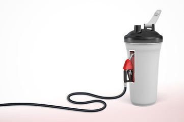 3d rendering of a fitness shaker with a long vehicle gas hose connected to it.