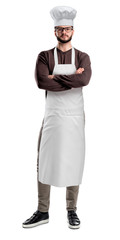 Chef wearing white apron and hat isolated on white background