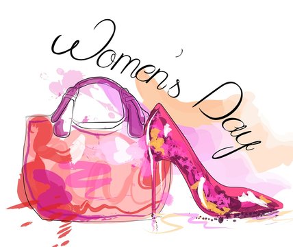 Women's day card. Women's bag and high heeled ladies shoe.