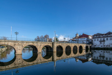 Fototapeta na wymiar Roman Bridge along Tamega River in Chaves, Portugal
