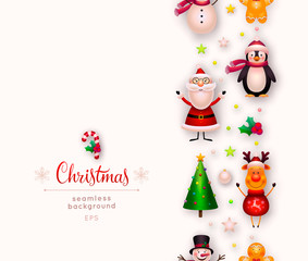 Vector Christmas background. New year and xmas decorations. Cute cartoon Christmas ornaments and toys isolated on white- santa claus, reindeer, christmas tree, snowman, star, candy cane, holly. EPS10
