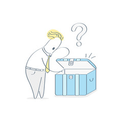 Search, discover, exploration, cute outline cartoon character opening and looking for something in secret treasure chest, packaging box