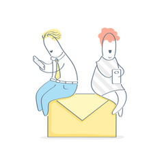 Chatting online, messaging, write and sen email concept. Cute cartoon man and woman sitting on the mail envelope and chatting via smartphones, mobile phones © BadBrother