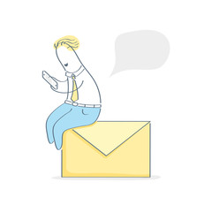 Chatting online, messaging, write and sen email concept. Cute cartoon man sitting on the mail envelope and chatting, speech bubble over character © BadBrother