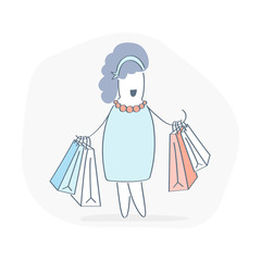 Successful Shopping, cute excited cartoon woman wearing dress holding shopping bags with purchases, flat line vector isolated illustration on white background