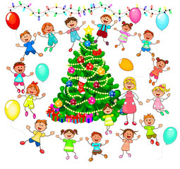 Obraz na płótnie Canvas Children rejoice at the Christmas tree. Children near the Christmas tree celebrate Christmas. 