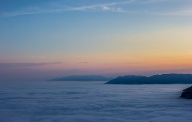 Beautiful sunset in the Crimean mountains, Crimea. Majestic sunset in the mountains landscape with sunny beams.