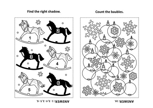 Two visual puzzles and coloring page for kids. Find the shadow for each picture of rocking horse. Count the baubles. Black and white. Answers included.
