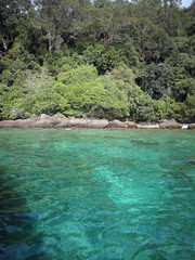 Beautiful view of blue sea and mountain. Calm water in bay with rock, bush and green forest and clouds in background