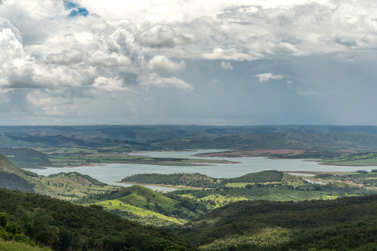 Landscape of mountains with dammed lake in the region of Minas Gerais, Brazil