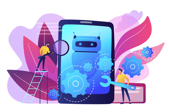 Developers with wrench work on chatbot application development. Chatbot app development, bot development framework, chatbot programming concept. Bright vibrant violet vector isolated illustration