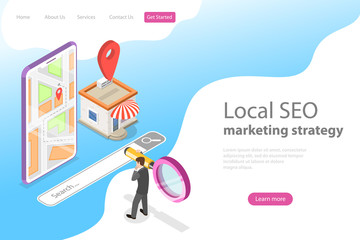 Isometric flat vector landing page for local seo, serching store, e-commerce.