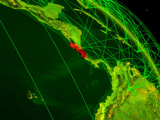 Costa Rica from space on model of digital planet Earth with network. Concept of digital technology, connectivity and travel.