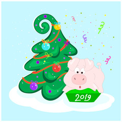 Fototapeta premium Pig and the Christmas tree. Surprised character sitting on the box. Celebratory salute. Happy new year. 2019. Symbol of the year. Balls and garland on the tree. Vector illustration.