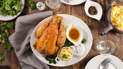 roasted chicken, mashed potato and sauce