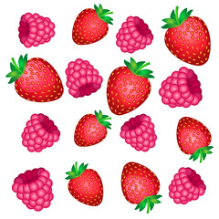 The falling of the red berries of strawberry and raspberry pink on a white background.