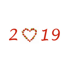 Christmas motif with heart shaped strawberries (2019, New Year card - concept).