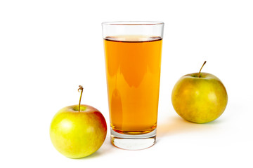 Two apples with a glass of apple juice on a white background, isolate.