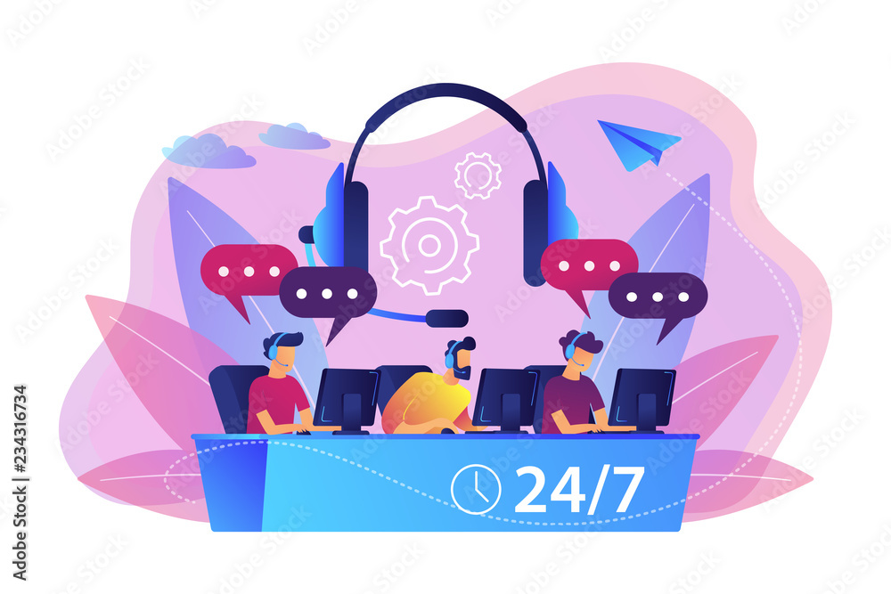 Poster customer service operators with headsets at computers consulting clients 24 for 7. call center, hand