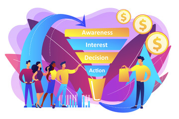 Sales funnel stages, potencial customers, buyer with purchase. Sales funnel management, customer journey representation, sales funnel stages concept. Bright vibrant violet vector isolated illustration