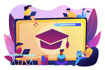 Students with laptops studying and huge laptop with graduation cap. Free online courses, online certificate courses, online business school concept. Bright vibrant violet vector isolated illustration