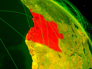 Angola from space on model of digital planet Earth with network. Concept of digital technology, connectivity and travel.