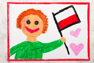 Colorful drawing: Happy man holding Polish flag. Flag of Poland and smiling boy