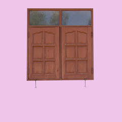 A regular wooden framed window with shutters on an isolated plastered wall with color filter