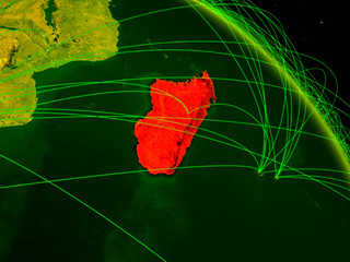 Madagascar from space on model of digital planet Earth with network. Concept of digital technology, connectivity and travel.