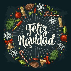 Circle shape set for Merry Christmas. Vector vintage color engraving