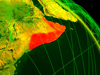 Somalia from space on model of digital planet Earth with network. Concept of digital technology, connectivity and travel.