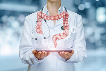 An intestines model is hanging above a device in doctor's hands .