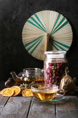 Green tea served in glass tea pot