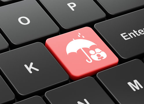 Protection concept: computer keyboard with Family And Umbrella icon on enter button background, 3D rendering