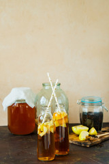 Kombucha mushroom tea, Kombucha. Method of preparation and cocktails in bottles.