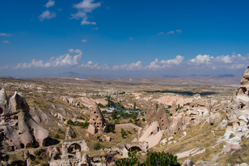Obraz premium aerial view on Cappadocia, Goreme. Beautiful Turkish landscape. Most popular and famous place in Turkey 